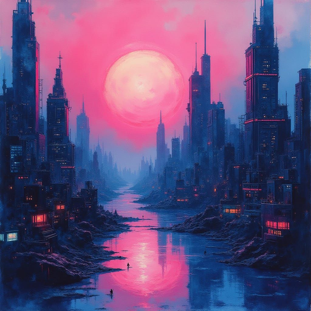 Glowing Cyberpunk Cityscape at Sunset in Retrofuturistic Wat...