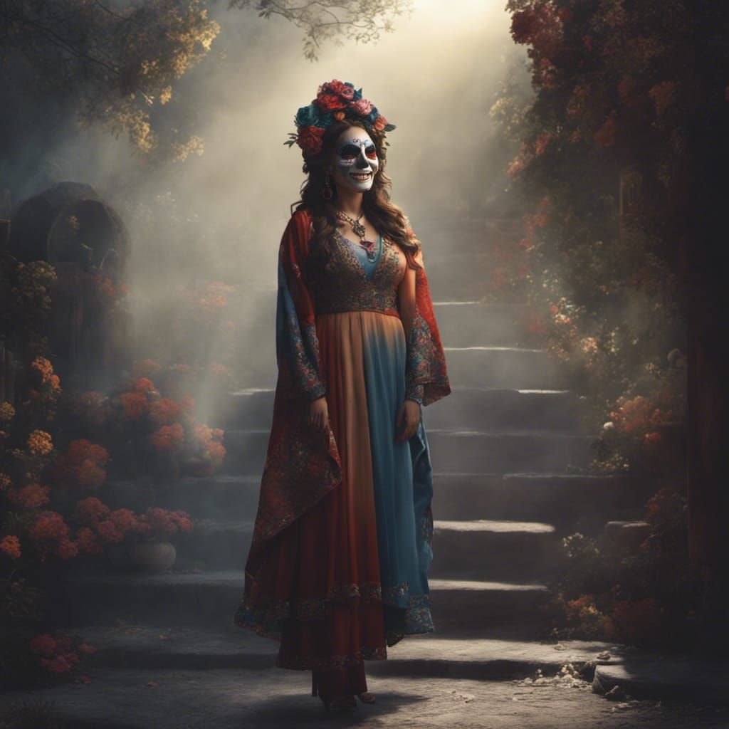 Mexico “dia-de-los-muertos” - "Mexican actres Eiza-Gonzalez laughing and smiling “ dressed in Mexican classical dress an...