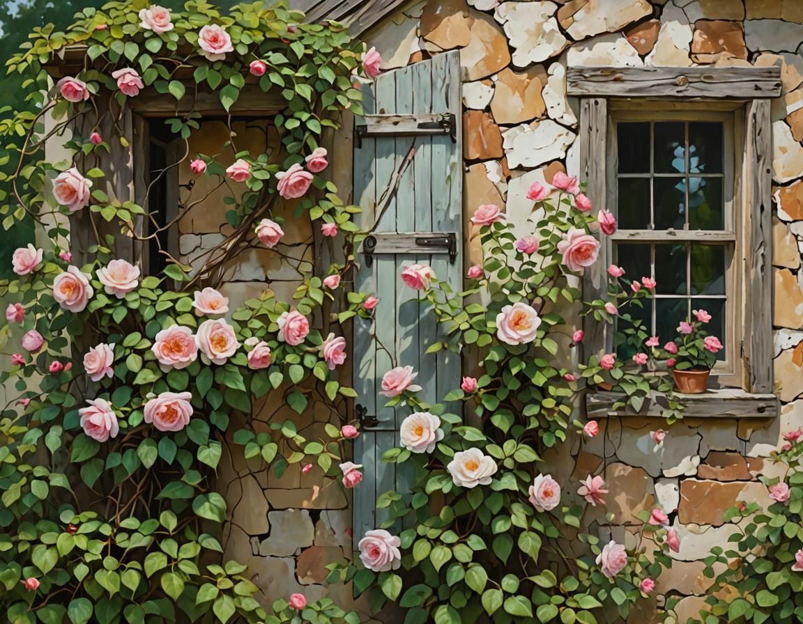 Climbing Roses and Clematis on Cottage Wall
