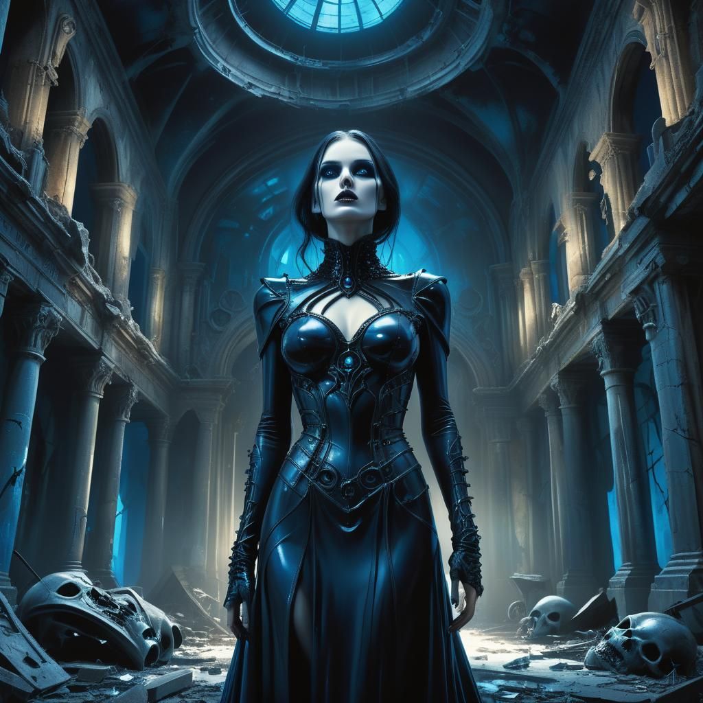 Vampire Goddess Amidst Dark Art Museum Ruins