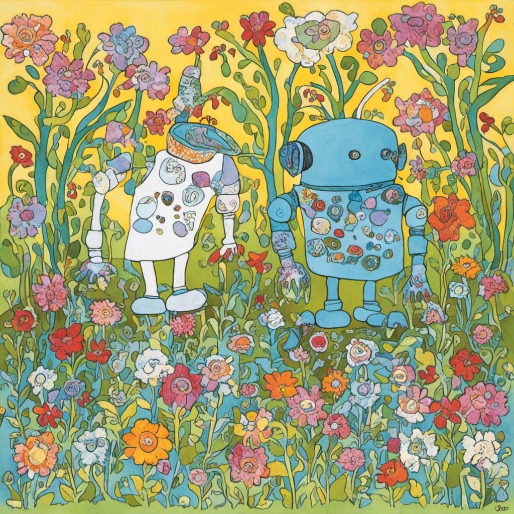 Cute Robots Tend Flower Garden