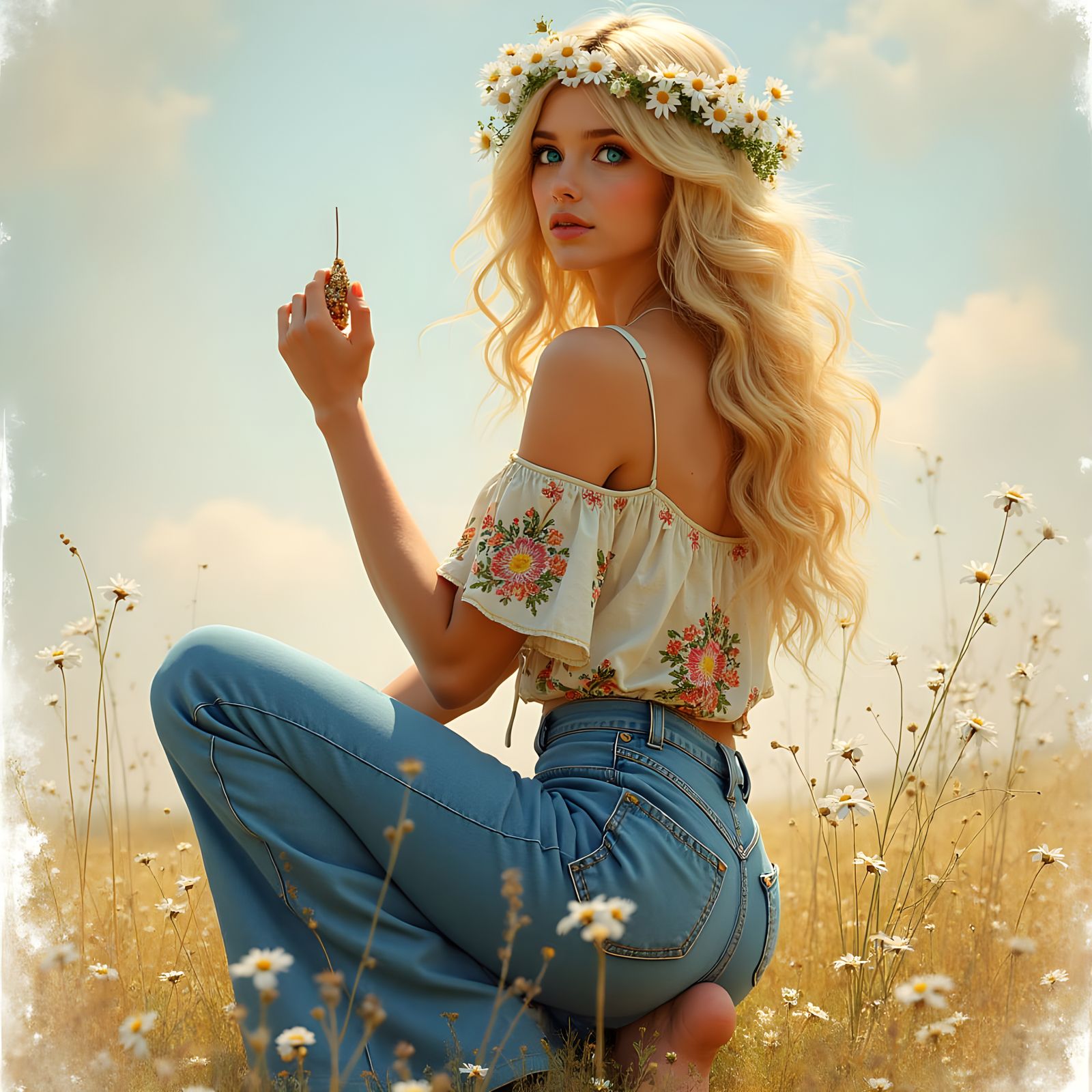 Hippie Woman with Flower Crown in Psychedelic Style