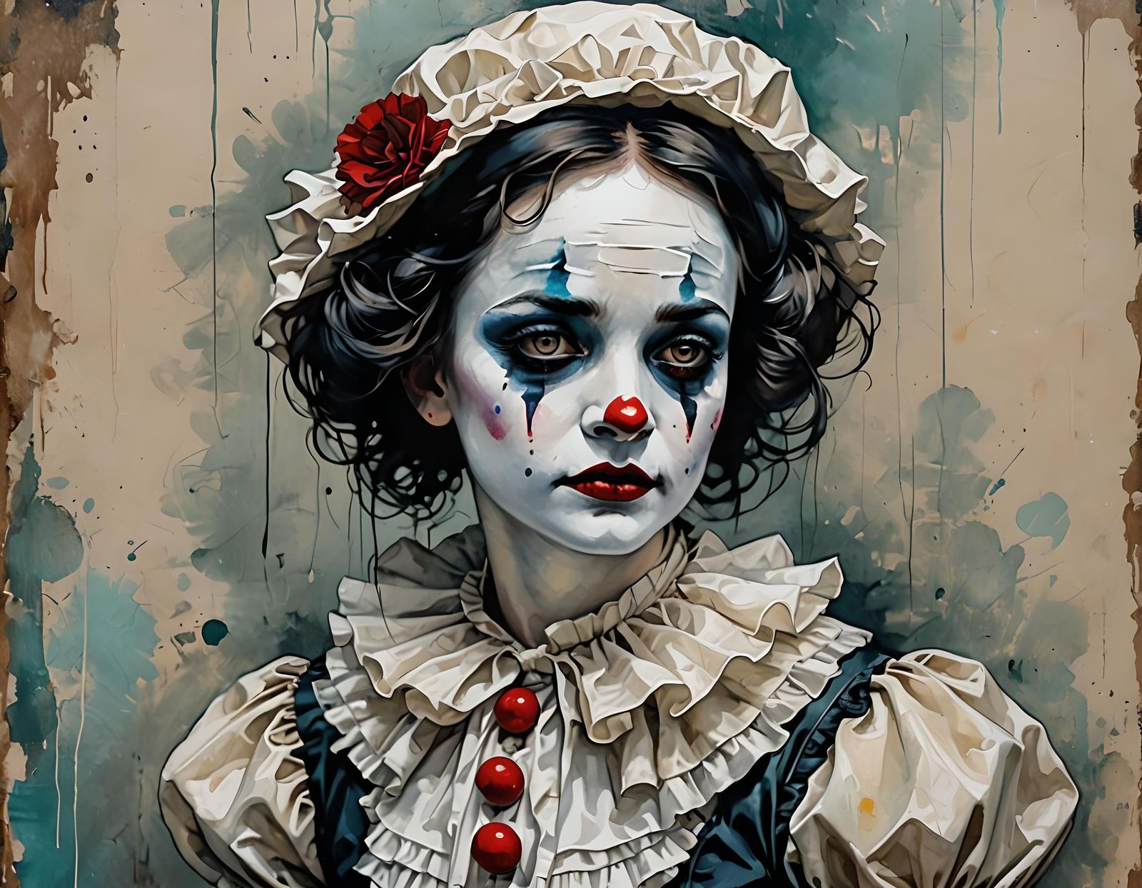 Sad Pierrot Girl Portrait in Impressionistic Style