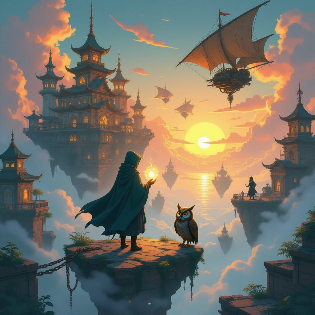 Steampunk Traveler in Floating City at Sunset