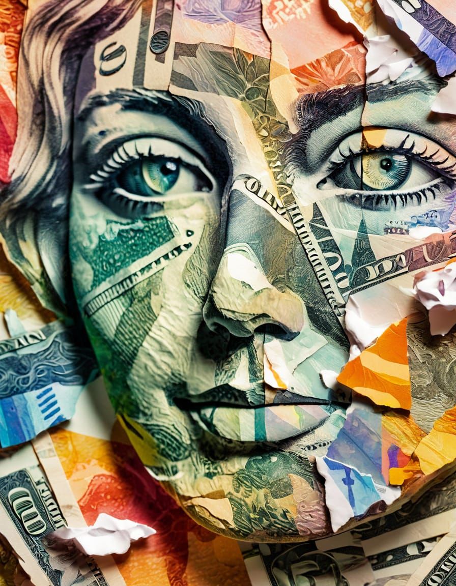 Mixed-media paper currency collage.