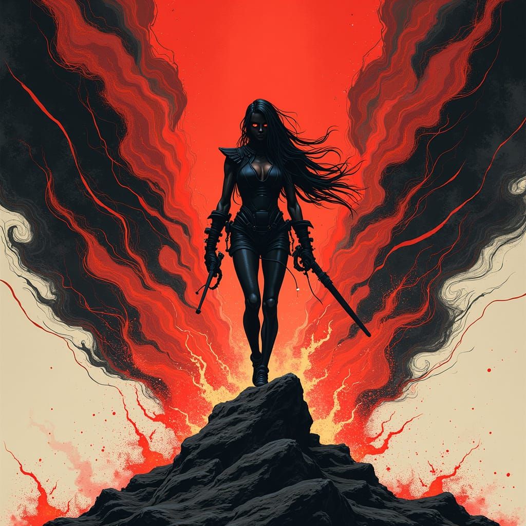 Futuristic Femme Fatale in Red-Gray Comic Book Style