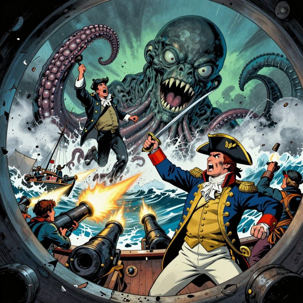 Naval Battle Frigate Under Attack by Kraken in Comic Style