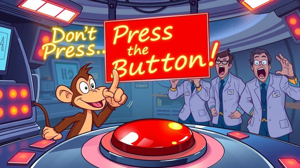 Surreal Cartoon Lab Scene: A Monkey Teases the Button