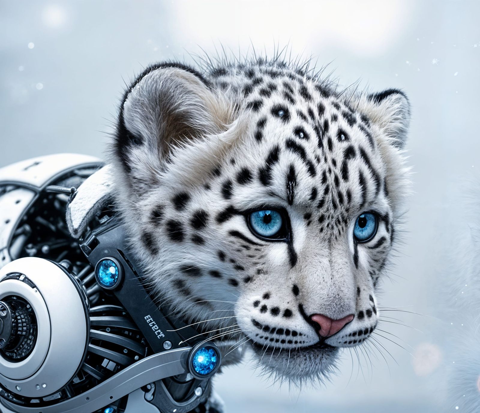 Photorealistic Newborn Snow Leopard Cyborg in Snowy City