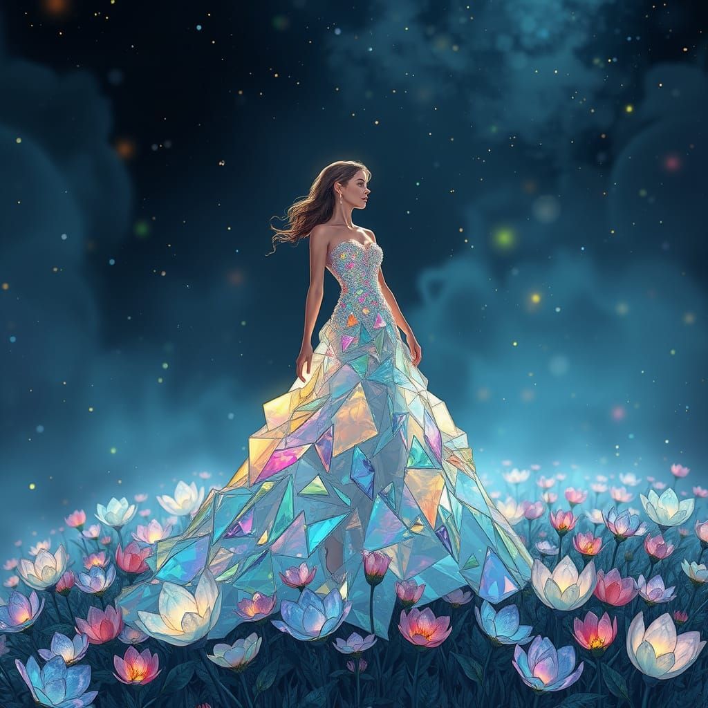 Ethereal Woman in Shimmering Glass Gown Amidst Blooming Flow...