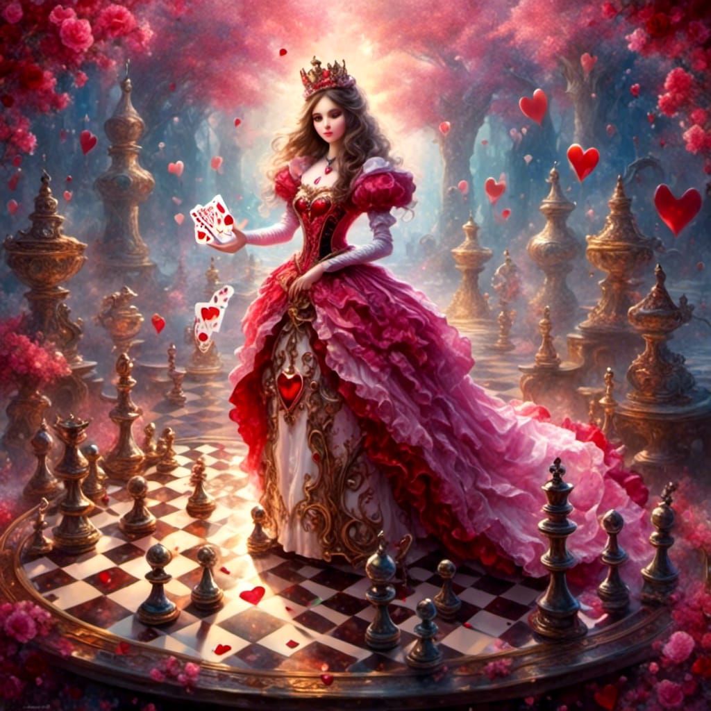 Alice as Queen of Hearts on Chessboard