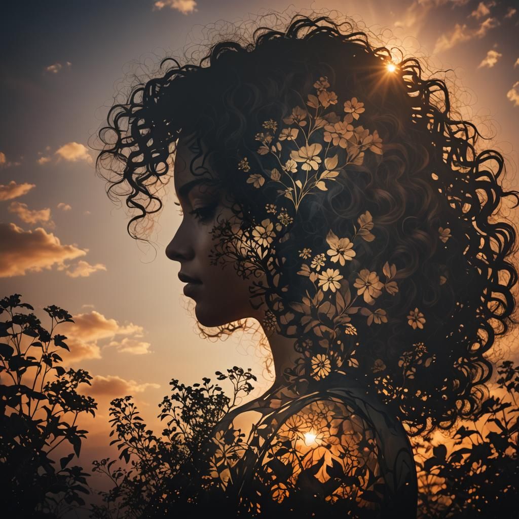 Double Exposure: Woman's Silhouette with Floral Sunset