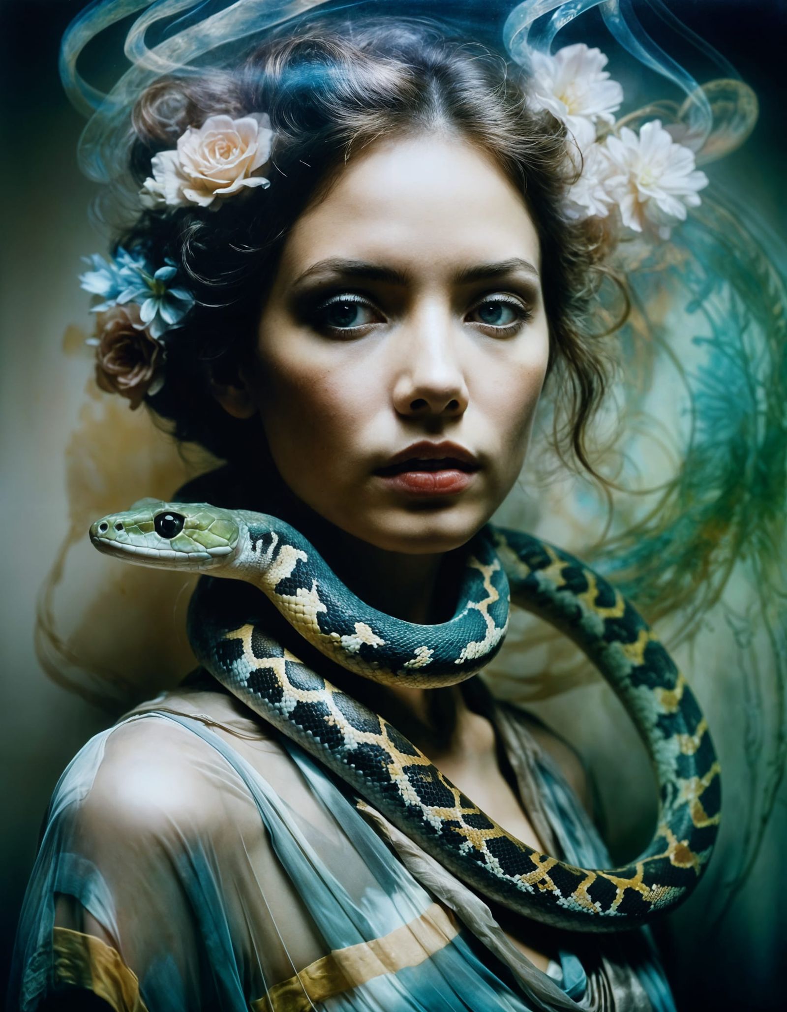 Surreal Portrait with Snake in Vintage Pinhole Style