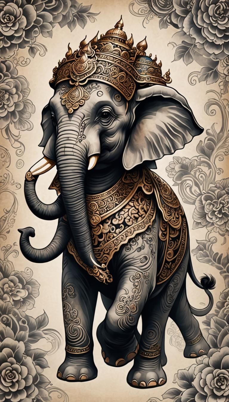 Royal Elephant in Elaborate Asian Tattoo Style