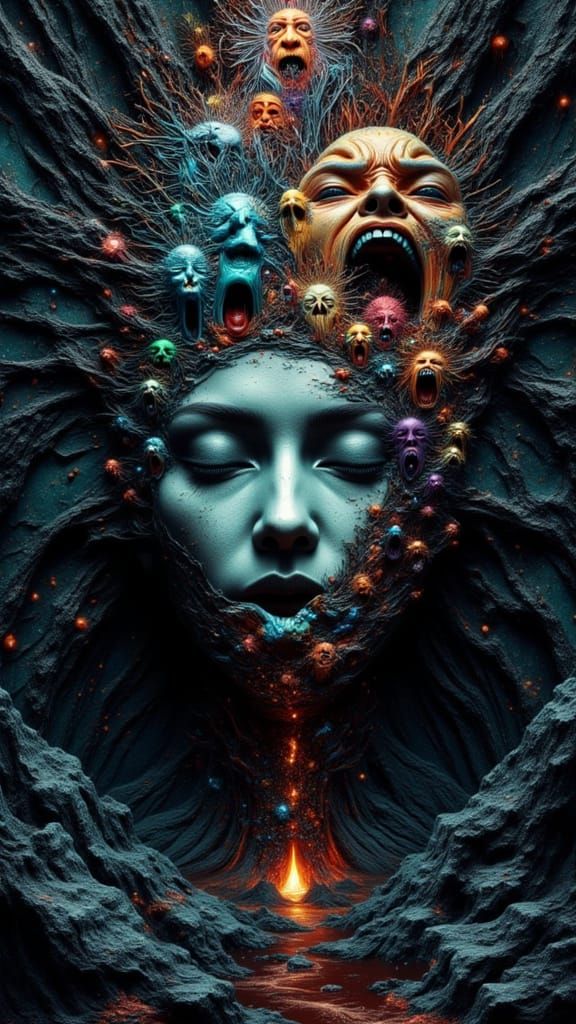 Mindscape of Emotions: Serene Face Amidst Chaos