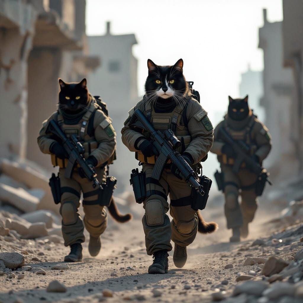 Siberian Cats as Delta Force in City Ruins