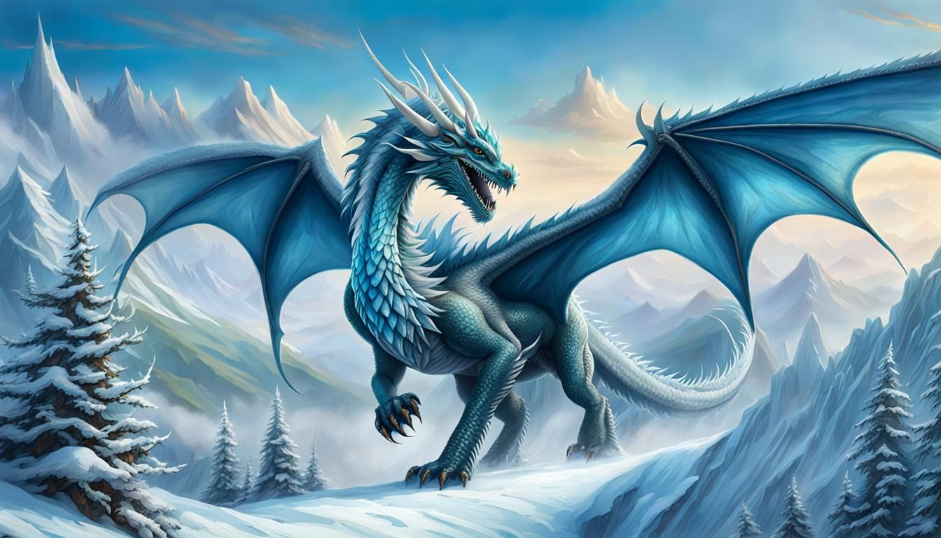 Ice Dragon Over Snowy Mountains, Watercolor Art