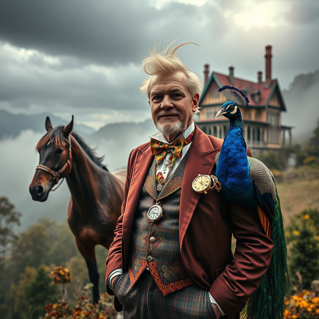 Eccentric Man with Peacock and Horse in Whistlerian Style