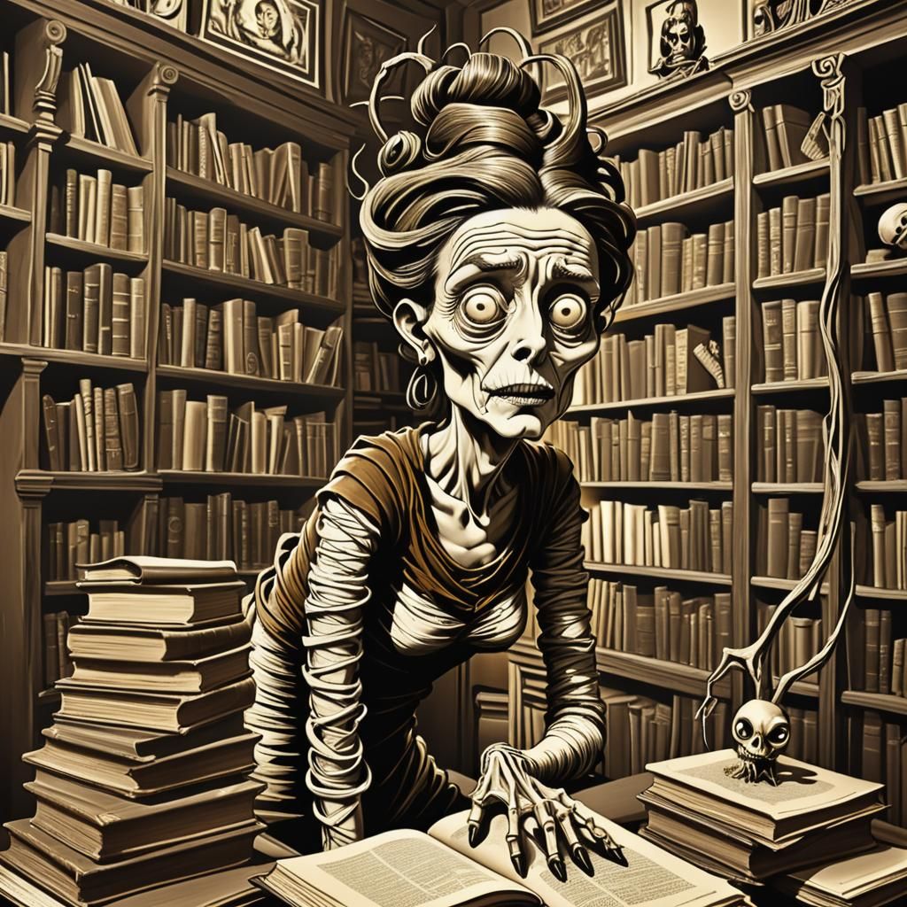 Art Brut Line Art of Strange Old Woman with Books