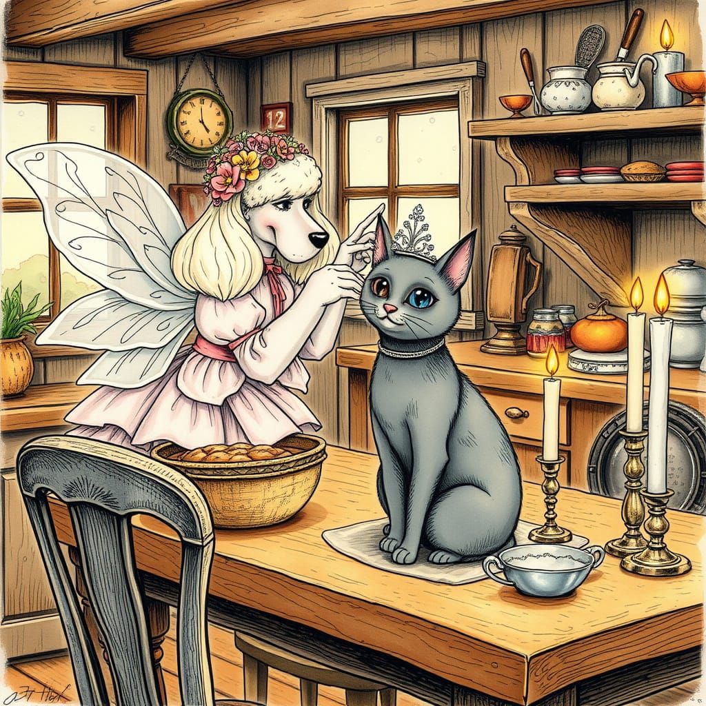 Fairy Dogmother Blesses Cinderella in Whimsical Illustration