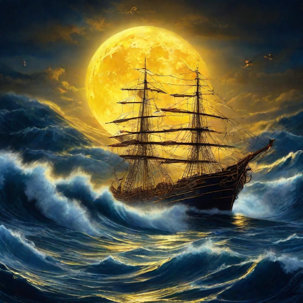 Ship Under Moon: Romanticism Art in Classic Style