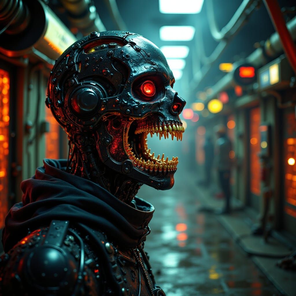 Menacing Cybernetic Figure in Dark Tunnel, Cyberpunk Style