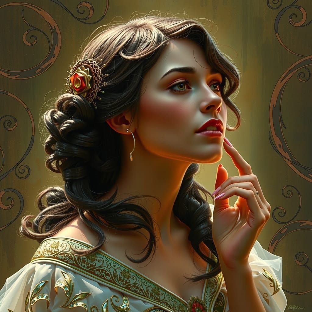 Elegant Woman in Impressionist Garden with Gothic Romantic H...