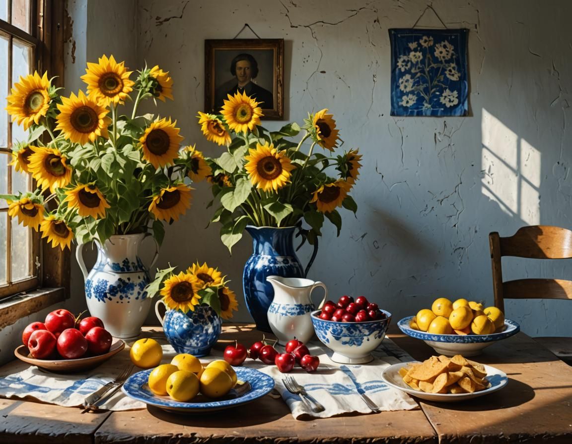 Sunflowers and Delftware Still Life, Magical Realism Paintin...