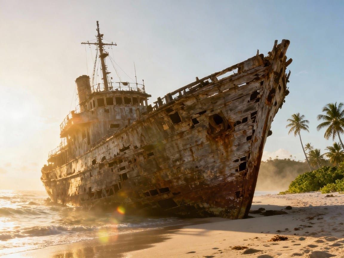 Photorealistic Ruined Shipwreck on Island with Birds