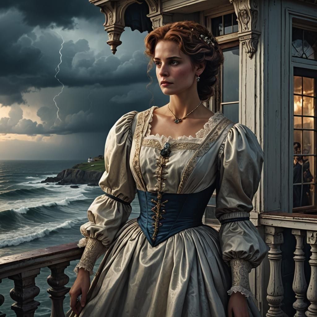 Victorian Woman Watches Stormy Sea from Balcony