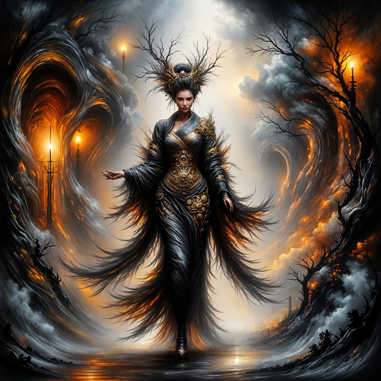 <lora:Spirit of Nature:1.0> An elegant Geisha, adorned in a steampunk-inspired kimono with intricate brass gears and clo...