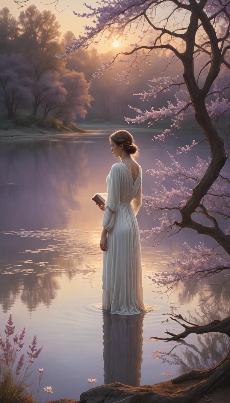 Woman Embracing Sunrise at Lake: Surreal Matte Painting