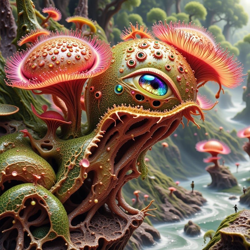 Surreal Seed Pod Sculpture with Vibrant Tendrils