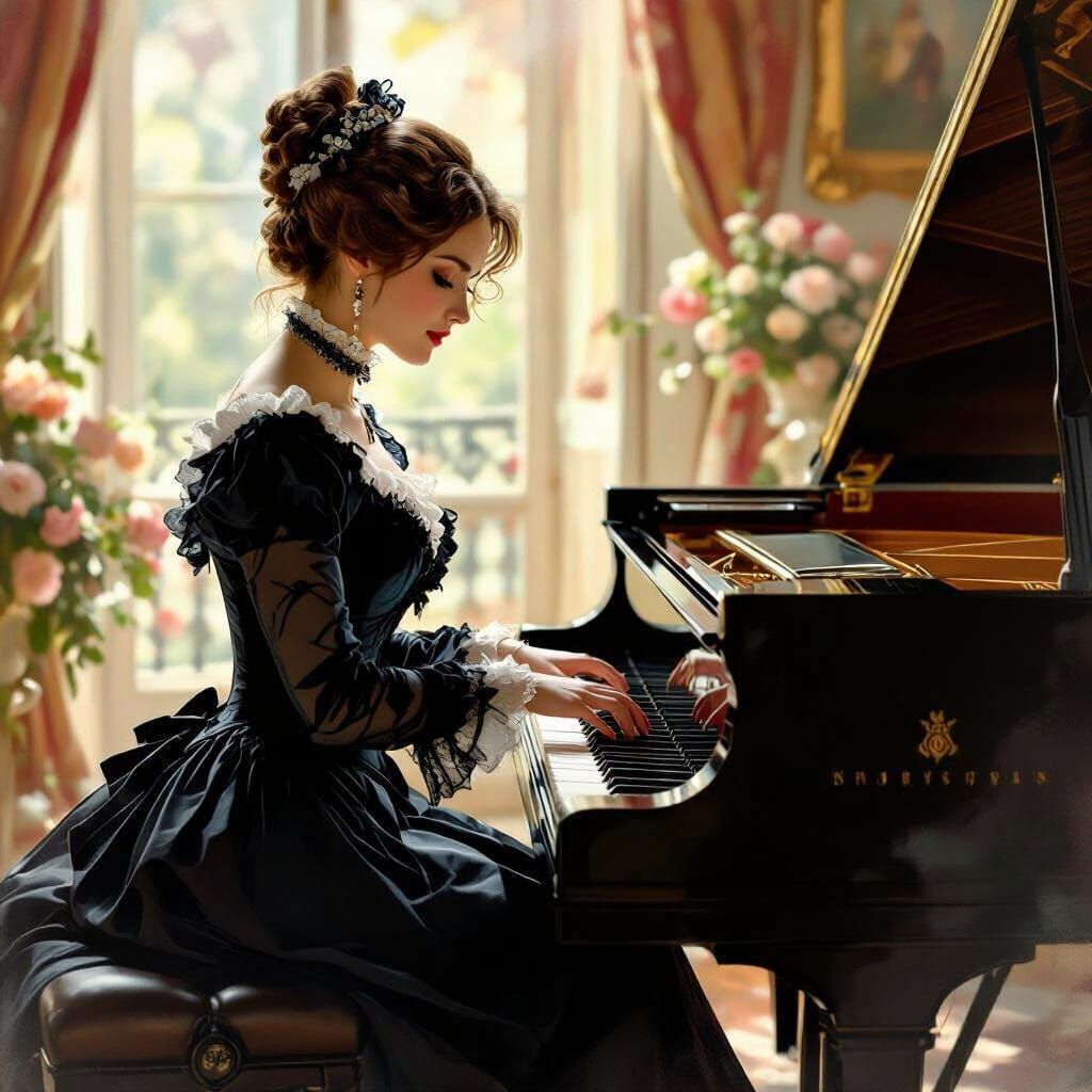 Woman Playing Piano in Opulent Salon