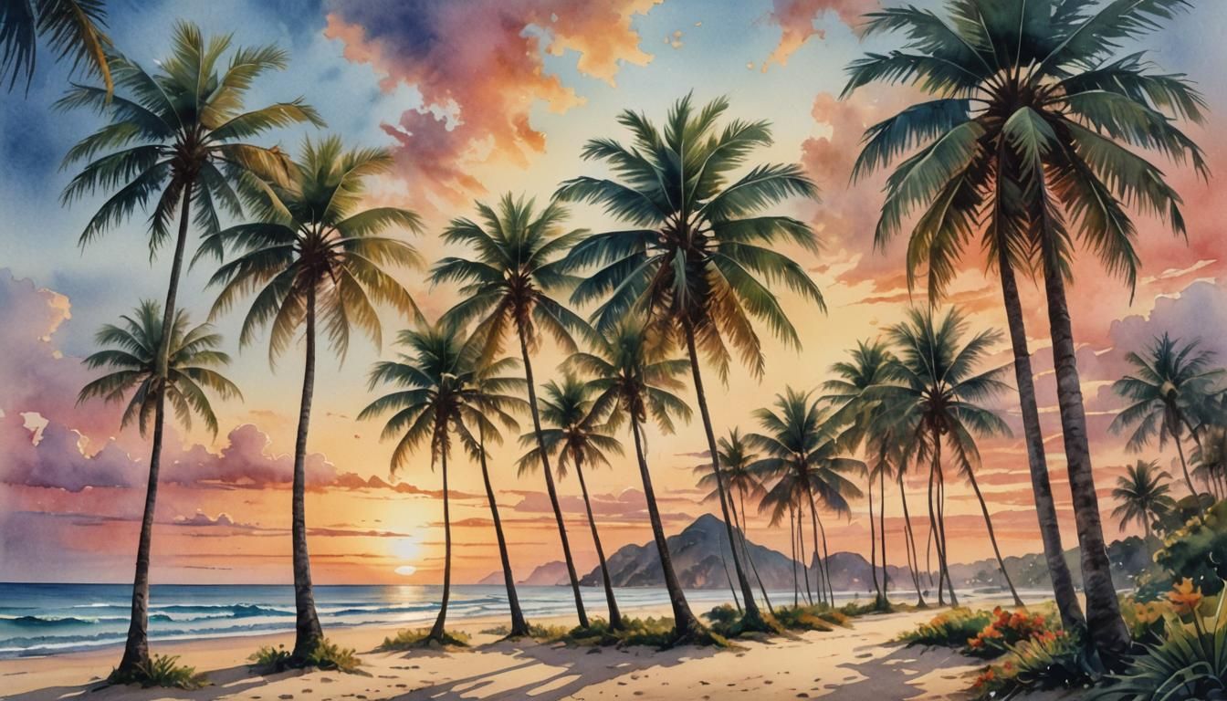 Tropical Beach Sunset in Romantic Watercolor Style