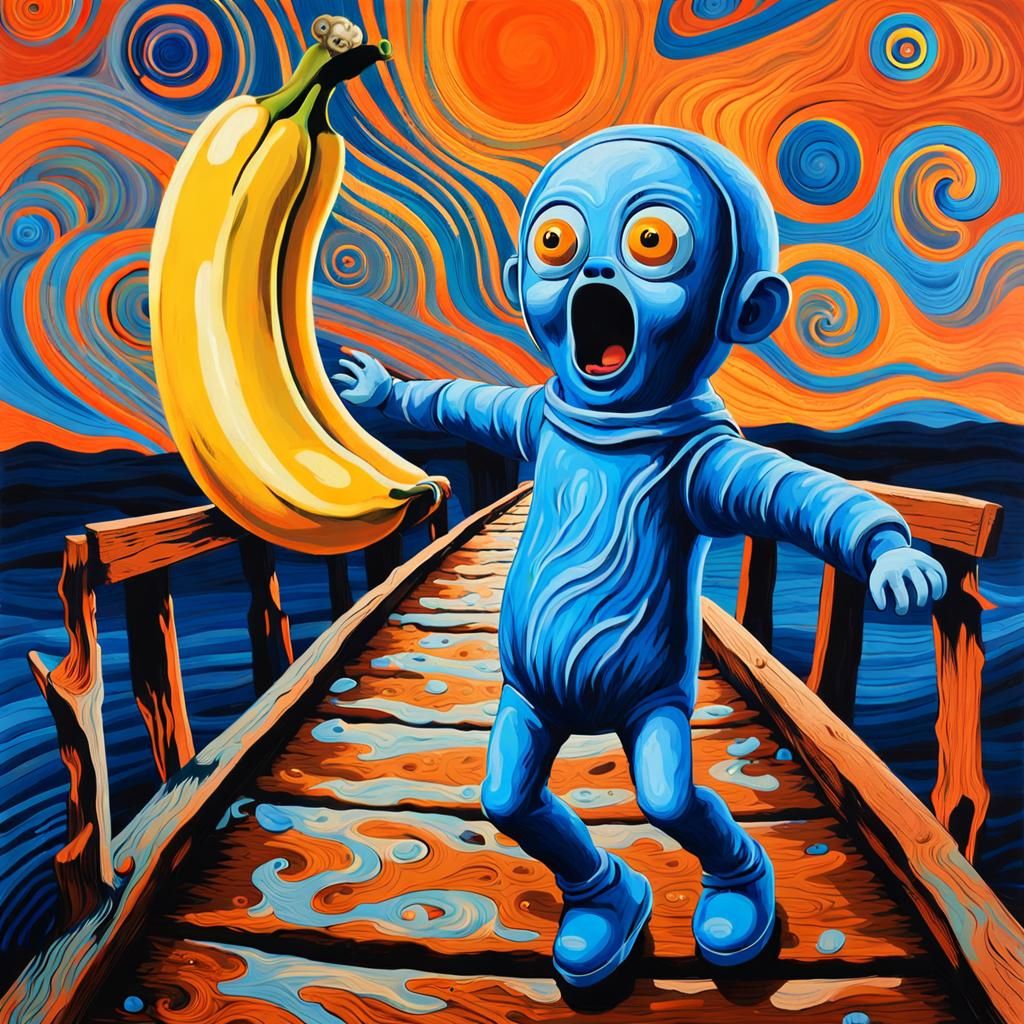An intensely emotive anthropomorphic screaming Teletubby wearing a diaper, reminiscent of Edvard Munch's iconic The Scre...