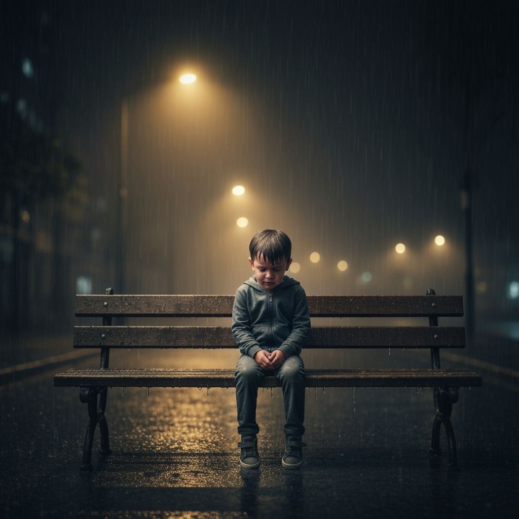 Child Alone on Bench in Rainy Night
