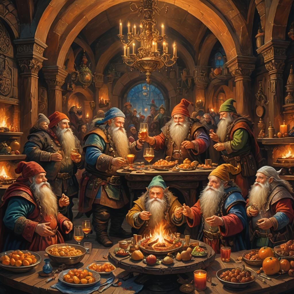 Dwarves' Lavish Feast: Oil Painting in Triadic Colors