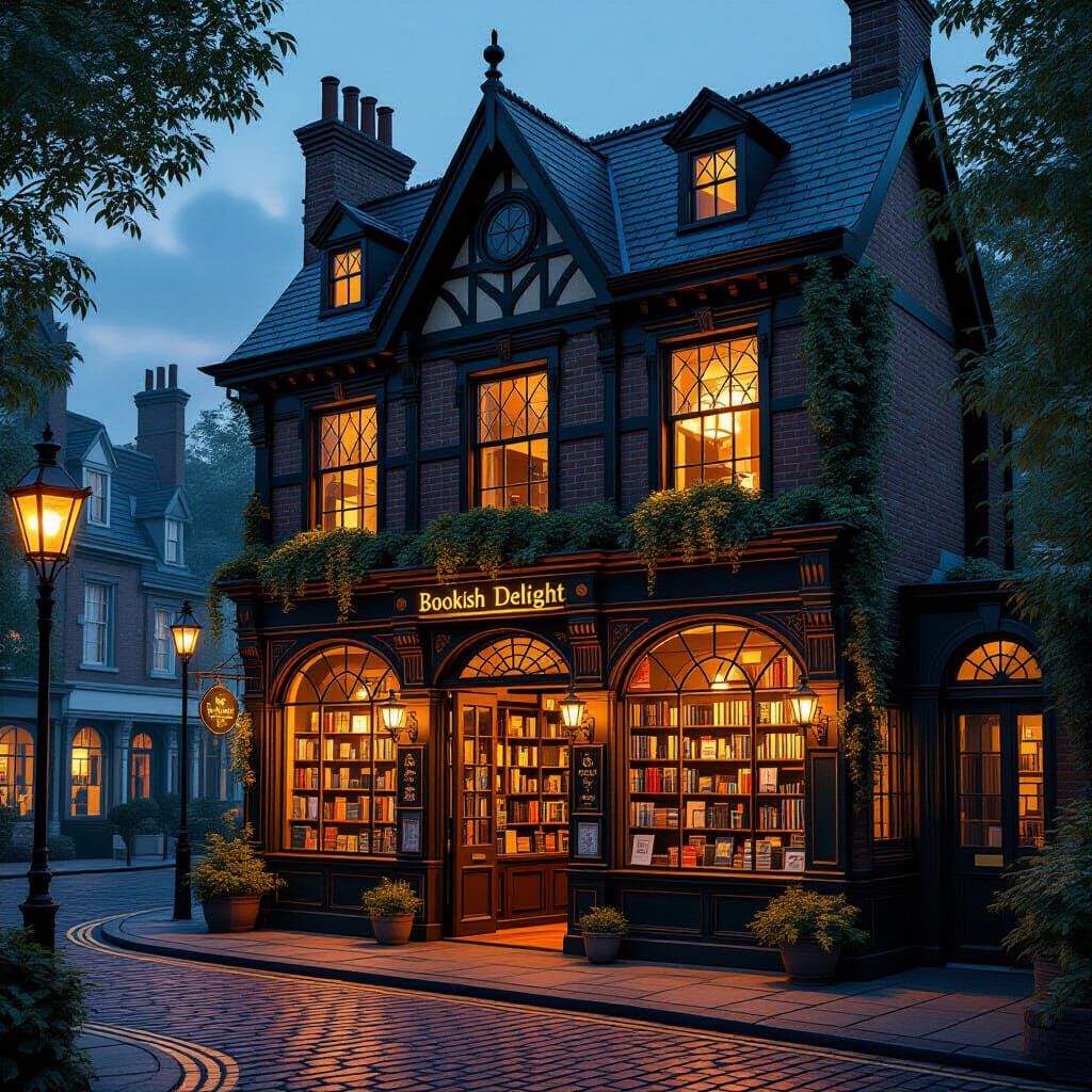 Quaint Bookstore on a Serene Evening Street