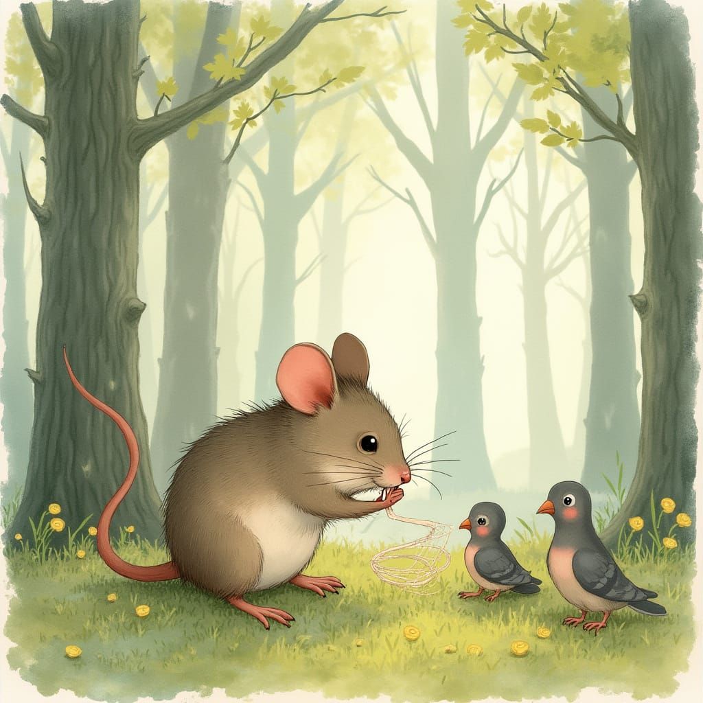 Mouse Cutting Net in Forest: Pastel Illustration
