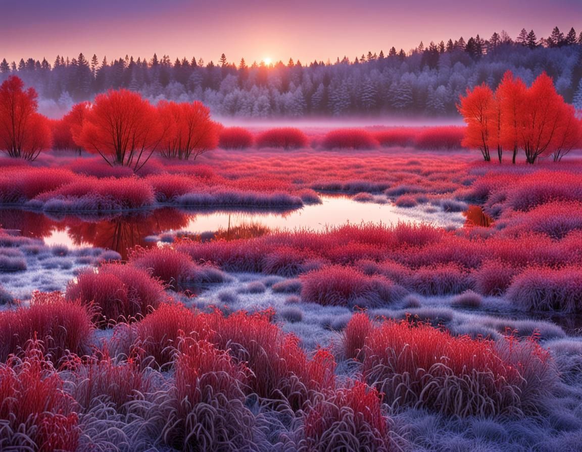 Frosty Sunrise Over Red Blueberry Field