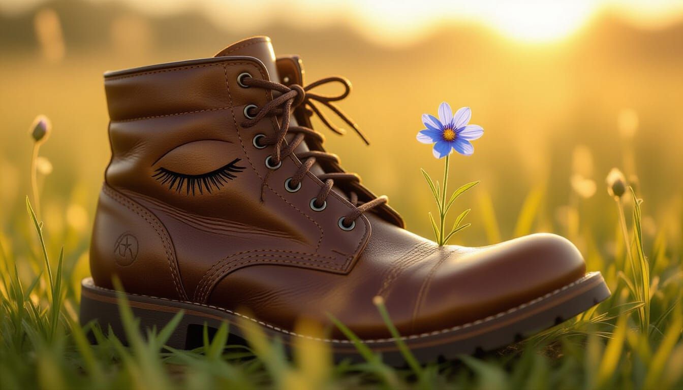 Sleepy Boot with Wildflower in Golden Hour Meadow