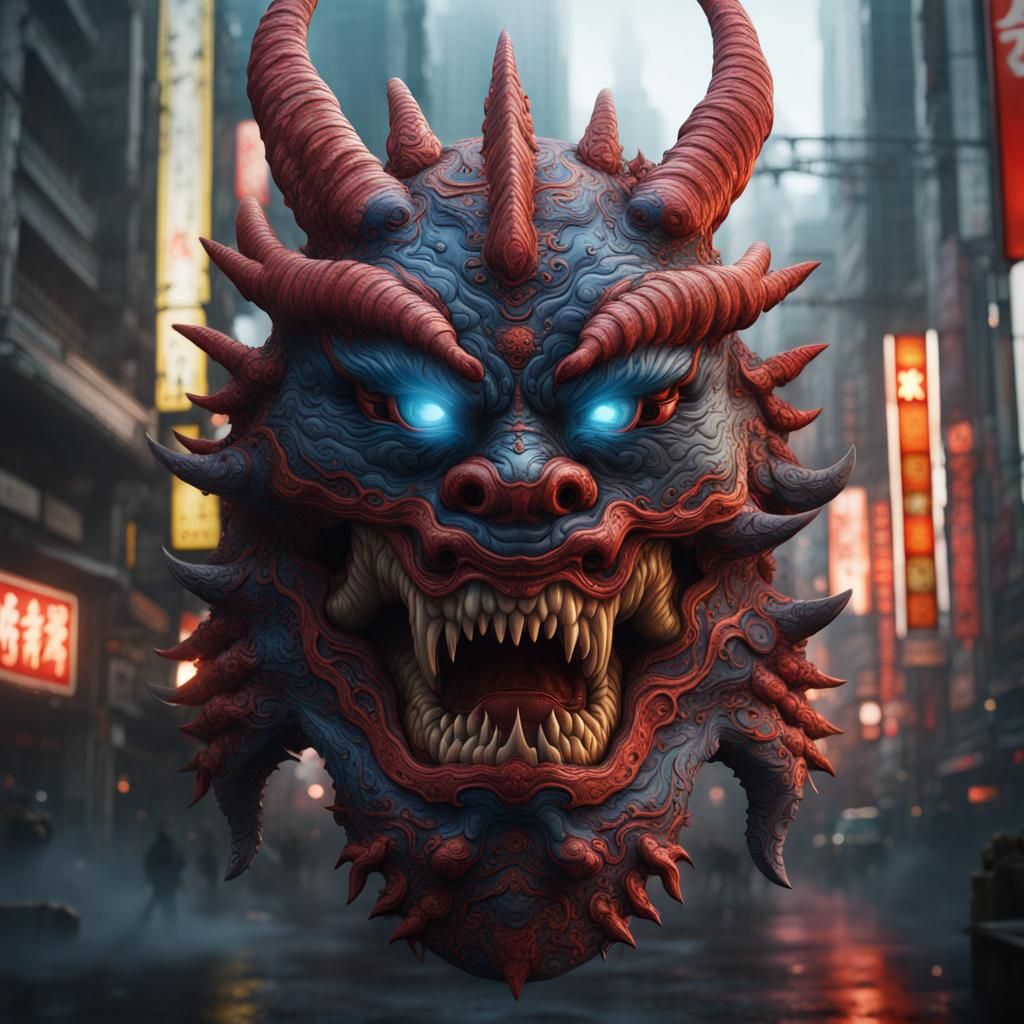 Detailed Kaiju Mask in Deep Color, Matte Painting