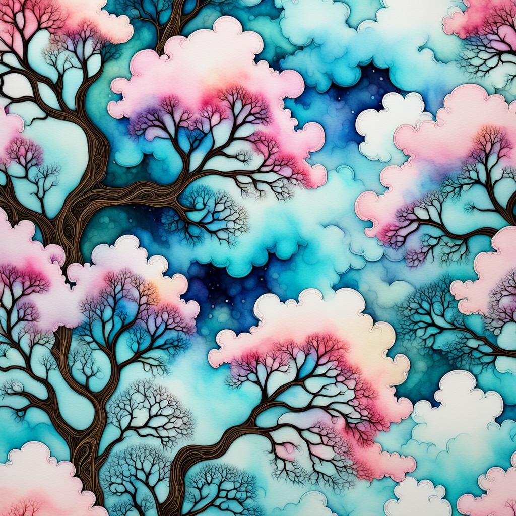 Whimsical Trees with Fractal Clouds in Watercolour Style