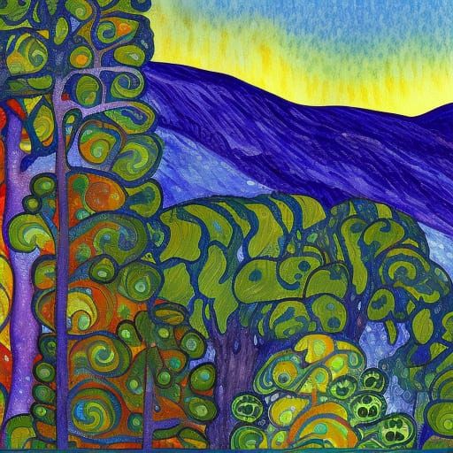 Gouache Impressionist Trees and Hills on Canvas