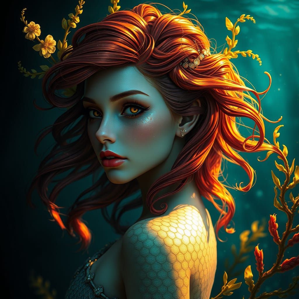 Surreal Mermaid Portrait in Art Nouveau Style