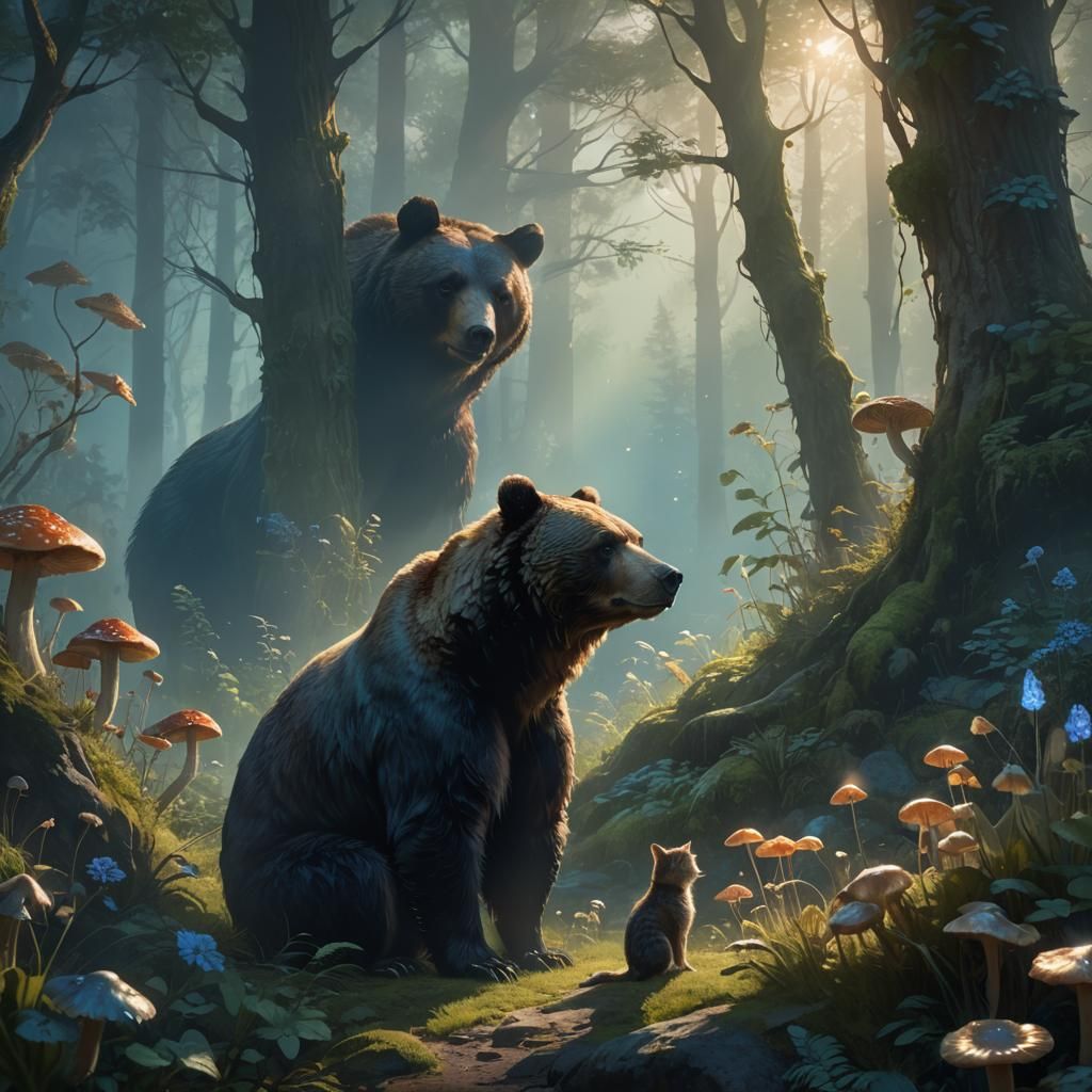 Bear and Cat Encounter in Fantasy Wildlife Art