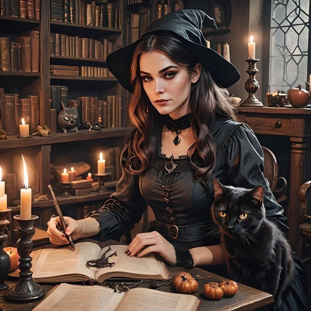 Young Witch and Black Cat Studying Dark Magic