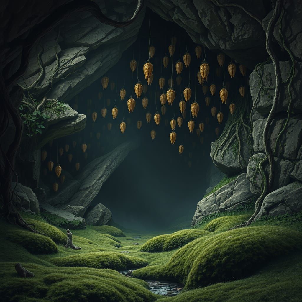Gloomy Cave Sanctuary with Thousands of Brown Chrysalis