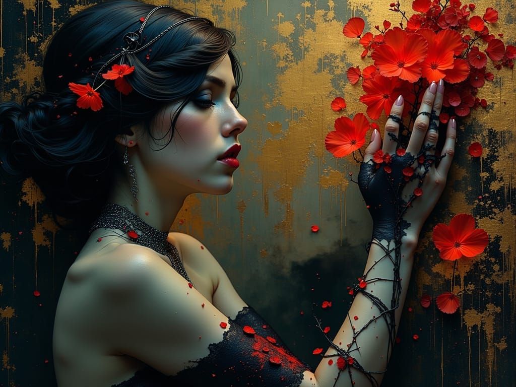 Art Deco Figure with Glowing Chains in Gold and Blue